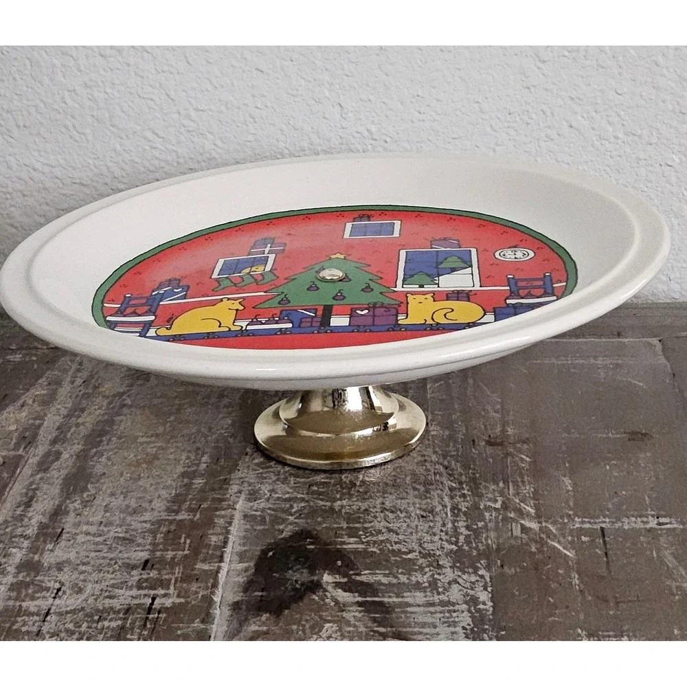 Vintage Houze Staffordshire Christmas Cake Stand Plate 1985 Cats Folk Art